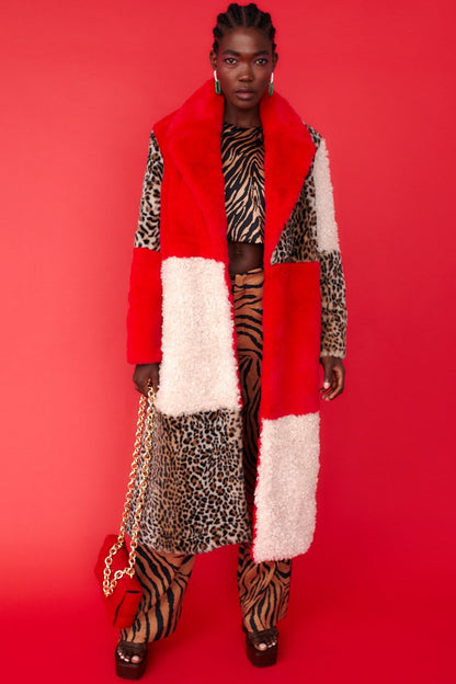 Maxi Checkered Leopard Print and Shearling Faux Fur Coat