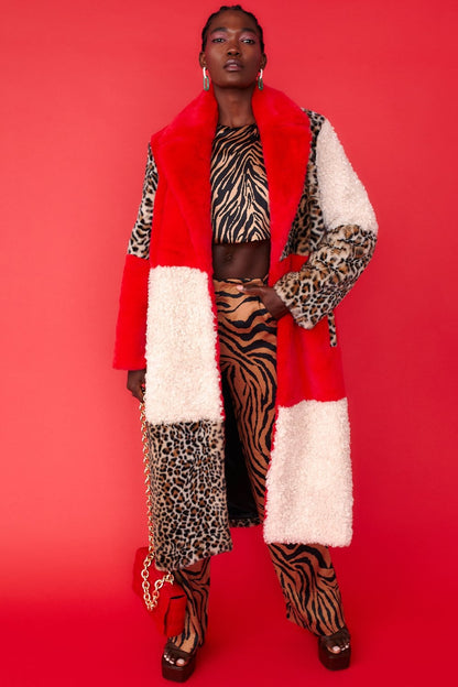 Maxi Checkered Leopard Print and Shearling Faux Fur Coat