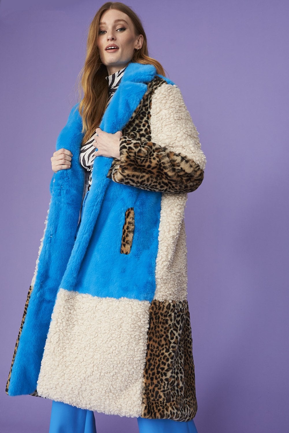 Maxi Checkered Leopard Print and Shearling Faux Fur Coat