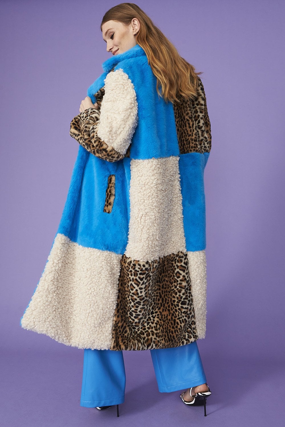 Maxi Checkered Leopard Print and Shearling Faux Fur Coat