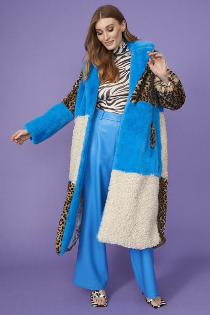 Maxi Checkered Leopard Print and Shearling Faux Fur Coat