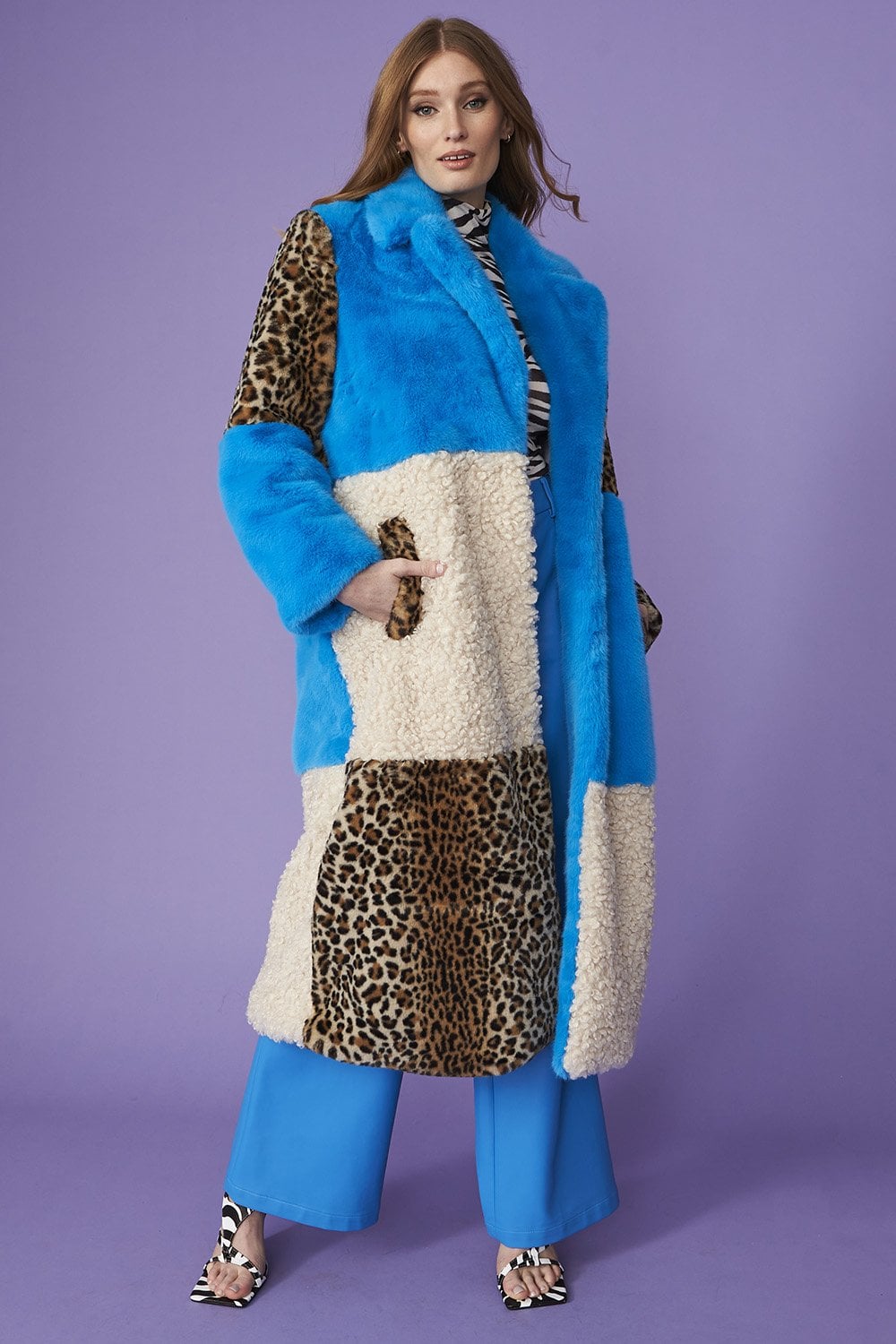 Maxi Checkered Leopard Print and Shearling Faux Fur Coat