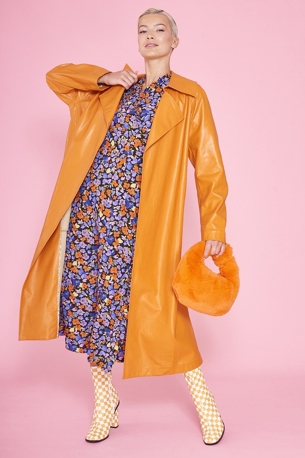 Eco Leather Trench Coat with Botanical Print Panel