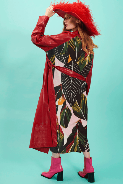 Eco Leather Trench Coat with Botanical Print Panel