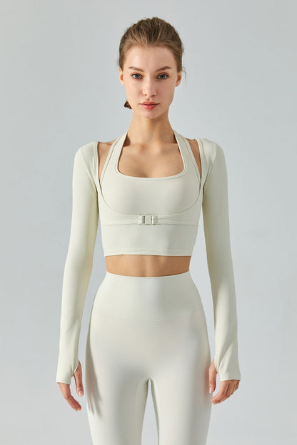 Ribbed Buckle Long Sleeve Halter Crop Top Set -Stylish &amp; Trendy Outfit