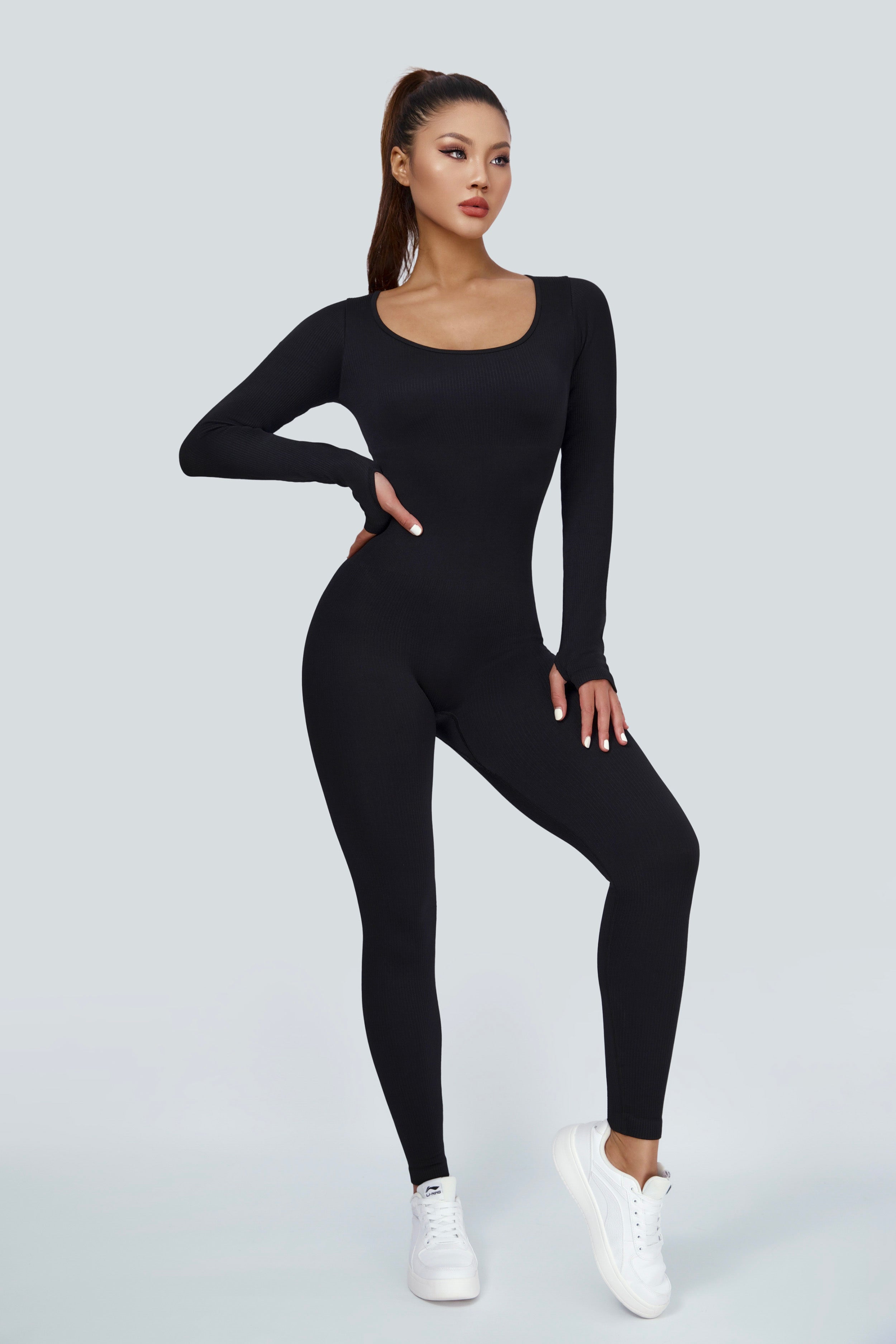 Ribbed Seamless Long Sleeve Jumpsuit - Trendy and Comfortable