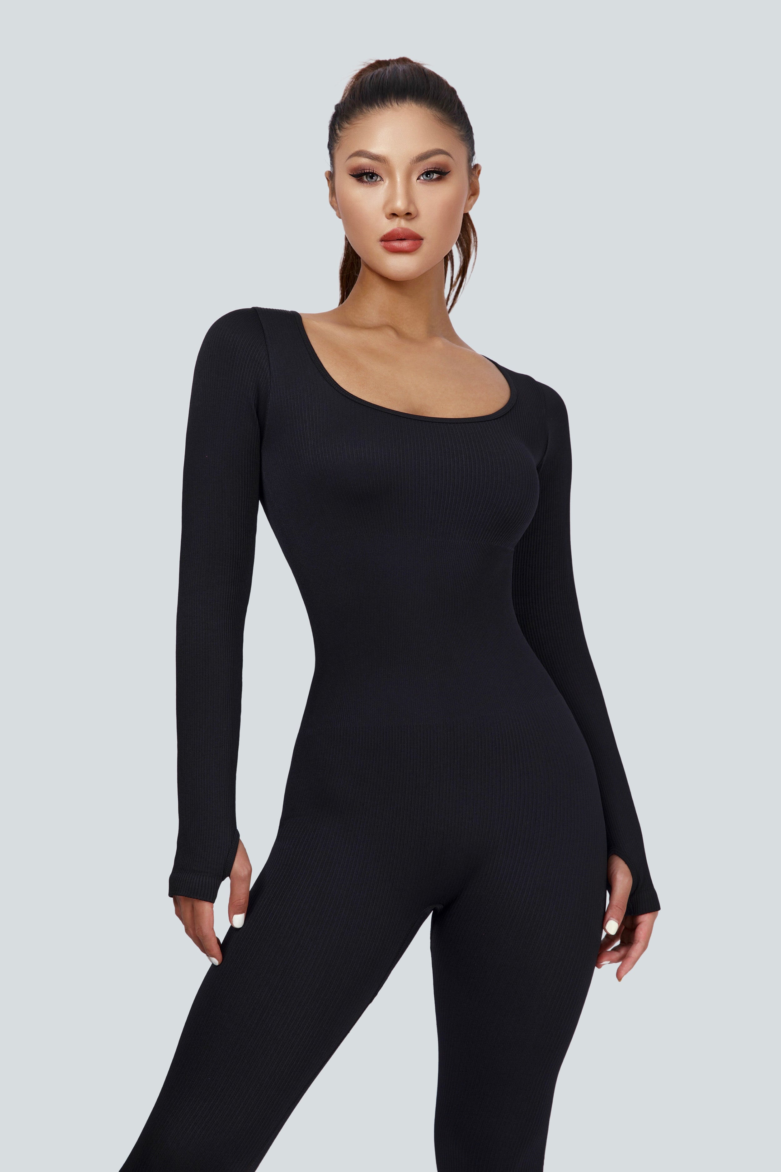 Ribbed Seamless Long Sleeve Jumpsuit - Trendy and Comfortable