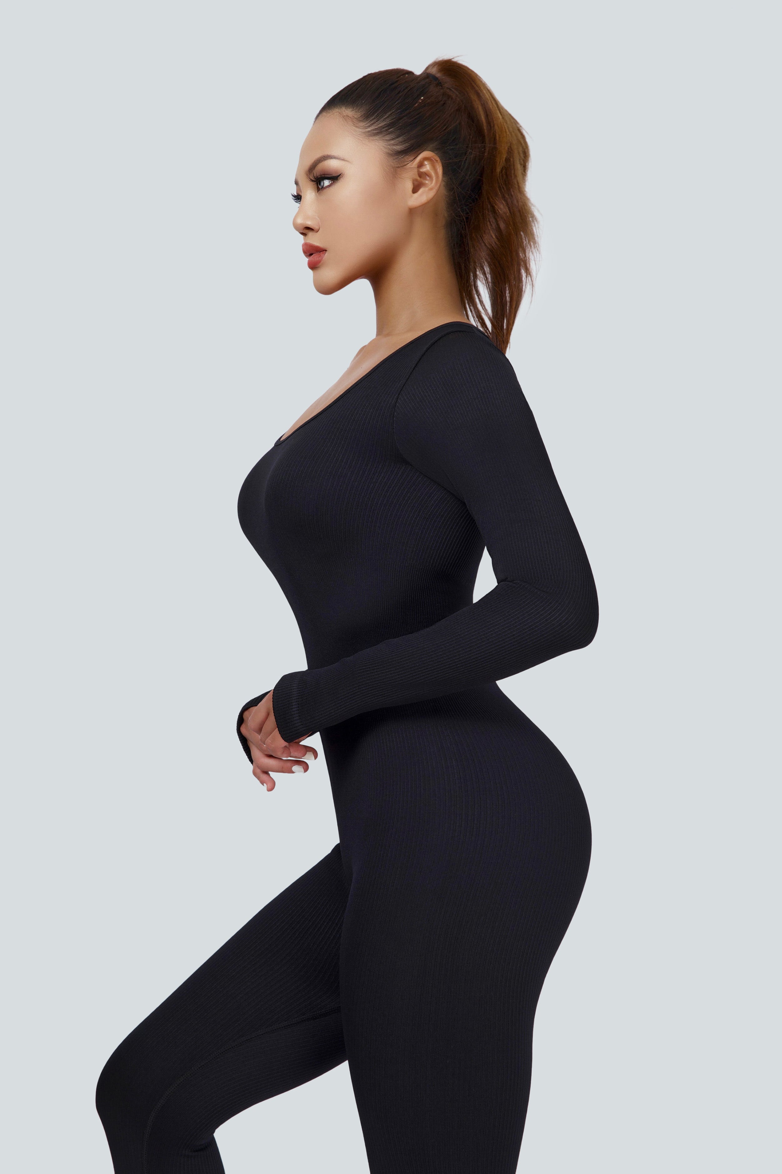 Ribbed Seamless Long Sleeve Jumpsuit - Trendy and Comfortable