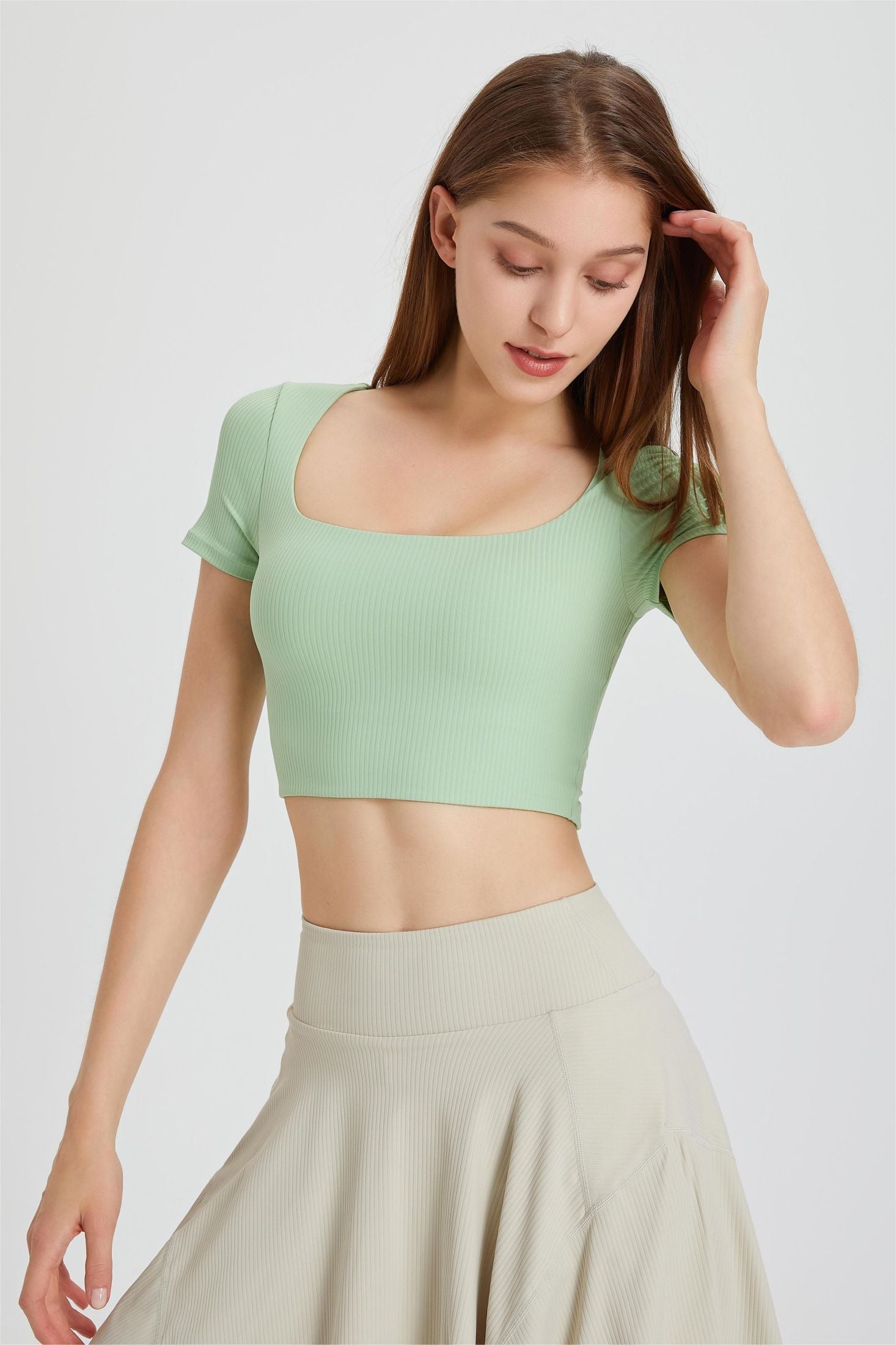 Ribbed Short Sleeve Top with Built-In Bra - Adds a Touch of Flair