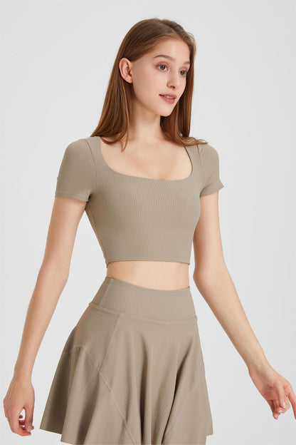 Ribbed Short Sleeve Top with Built-In Bra - Adds a Touch of Flair