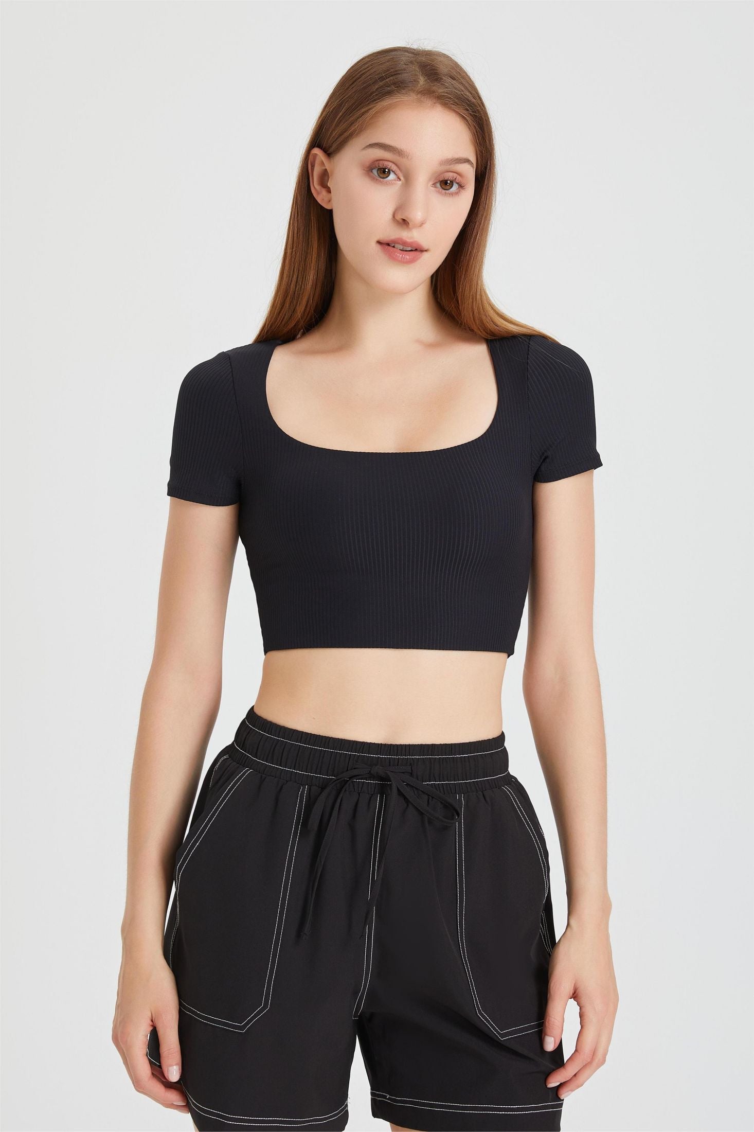 Ribbed Short Sleeve Top with Built-In Bra - Adds a Touch of Flair