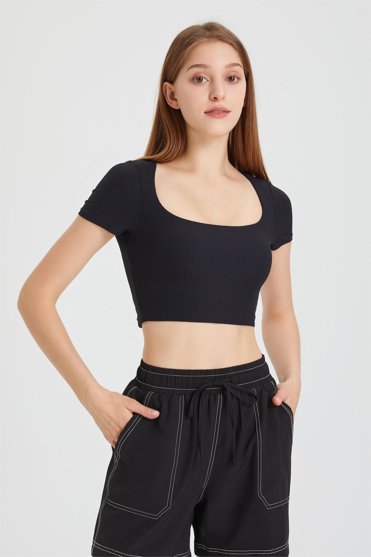 Ribbed Short Sleeve Top with Built-In Bra - Adds a Touch of Flair