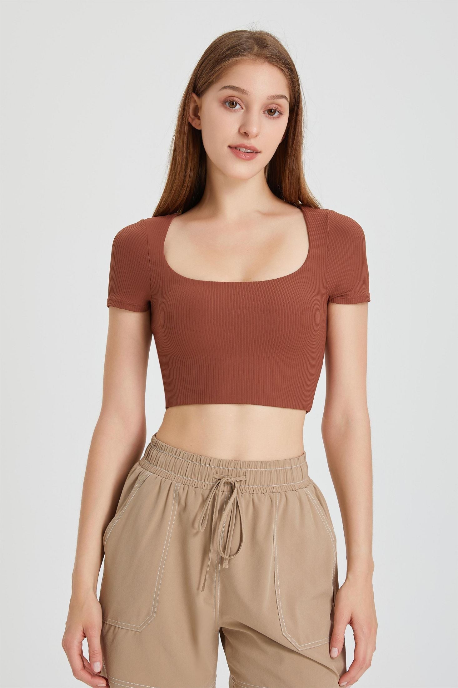 Ribbed Short Sleeve Top with Built-In Bra - Adds a Touch of Flair