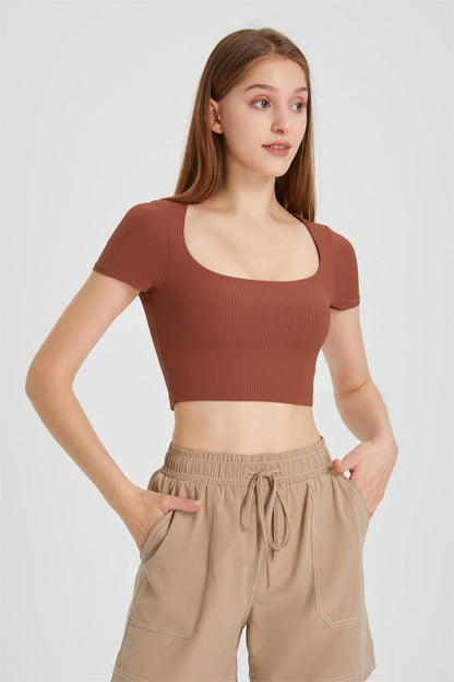 Ribbed Short Sleeve Top with Built-In Bra - Adds a Touch of Flair