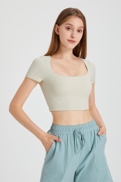 Ribbed Short Sleeve Top with Built-In Bra - Adds a Touch of Flair