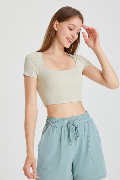 Ribbed Short Sleeve Top with Built-In Bra - Adds a Touch of Flair