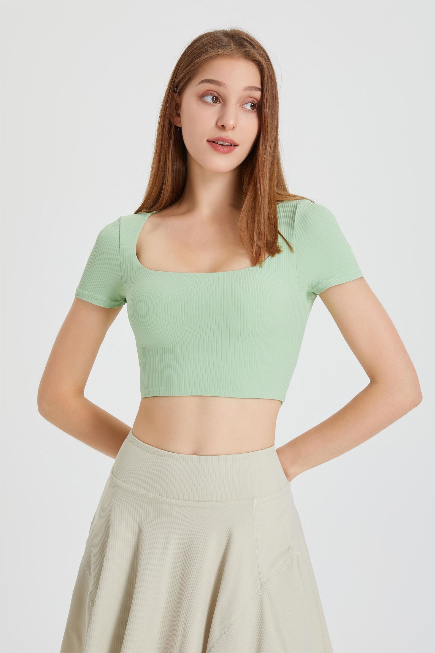 Ribbed Short Sleeve Top with Built-In Bra - Adds a Touch of Flair