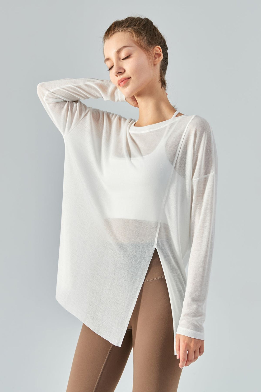 Sheer Mesh Long Sleeve Asymmetrical Hem Tops for Trendy Style and Fit