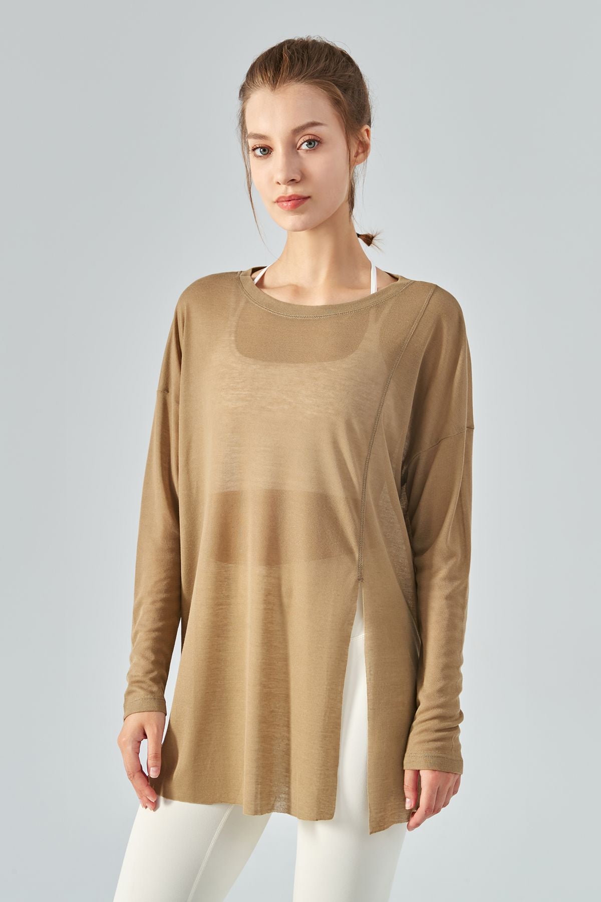 Sheer Mesh Long Sleeve Asymmetrical Hem Tops for Trendy Style and Fit