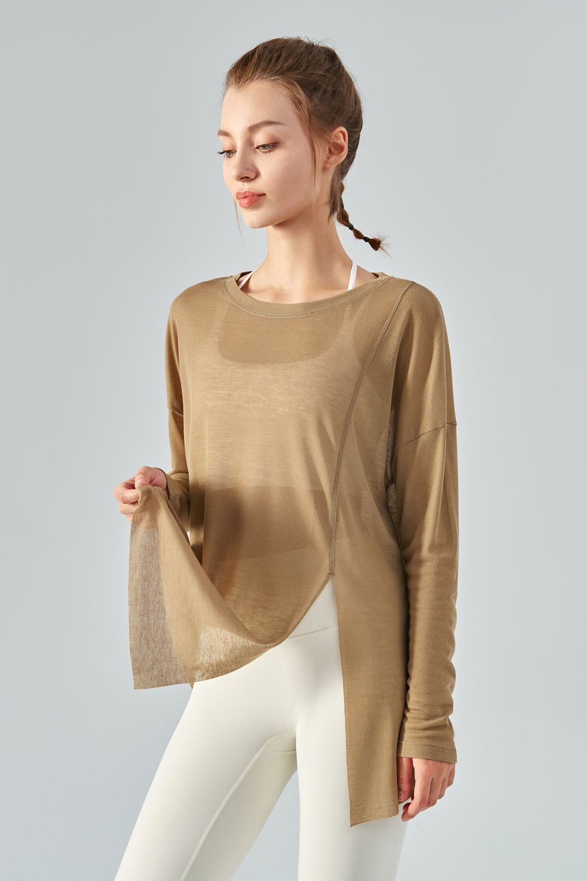 Sheer Mesh Long Sleeve Asymmetrical Hem Tops for Trendy Style and Fit