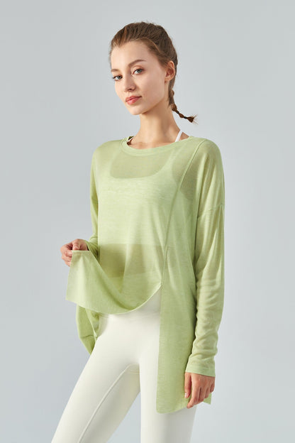 Sheer Mesh Long Sleeve Asymmetrical Hem Tops for Trendy Style and Fit