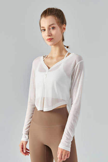 Sheer Mesh V-Neck Half Zipper Crop Tops