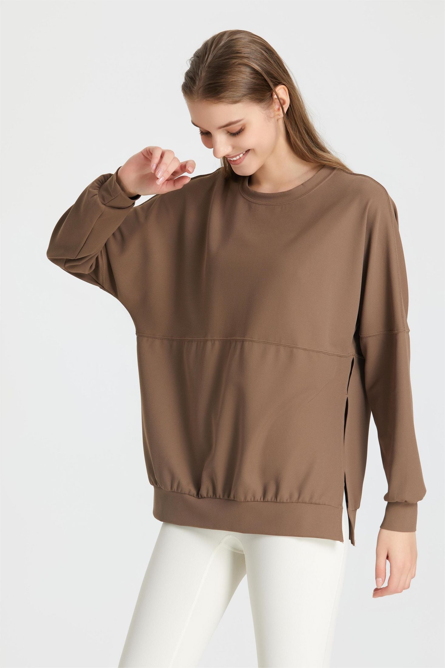 Waffle Knit Long Sleeve Sweatshirt - Adds Texture and Interest