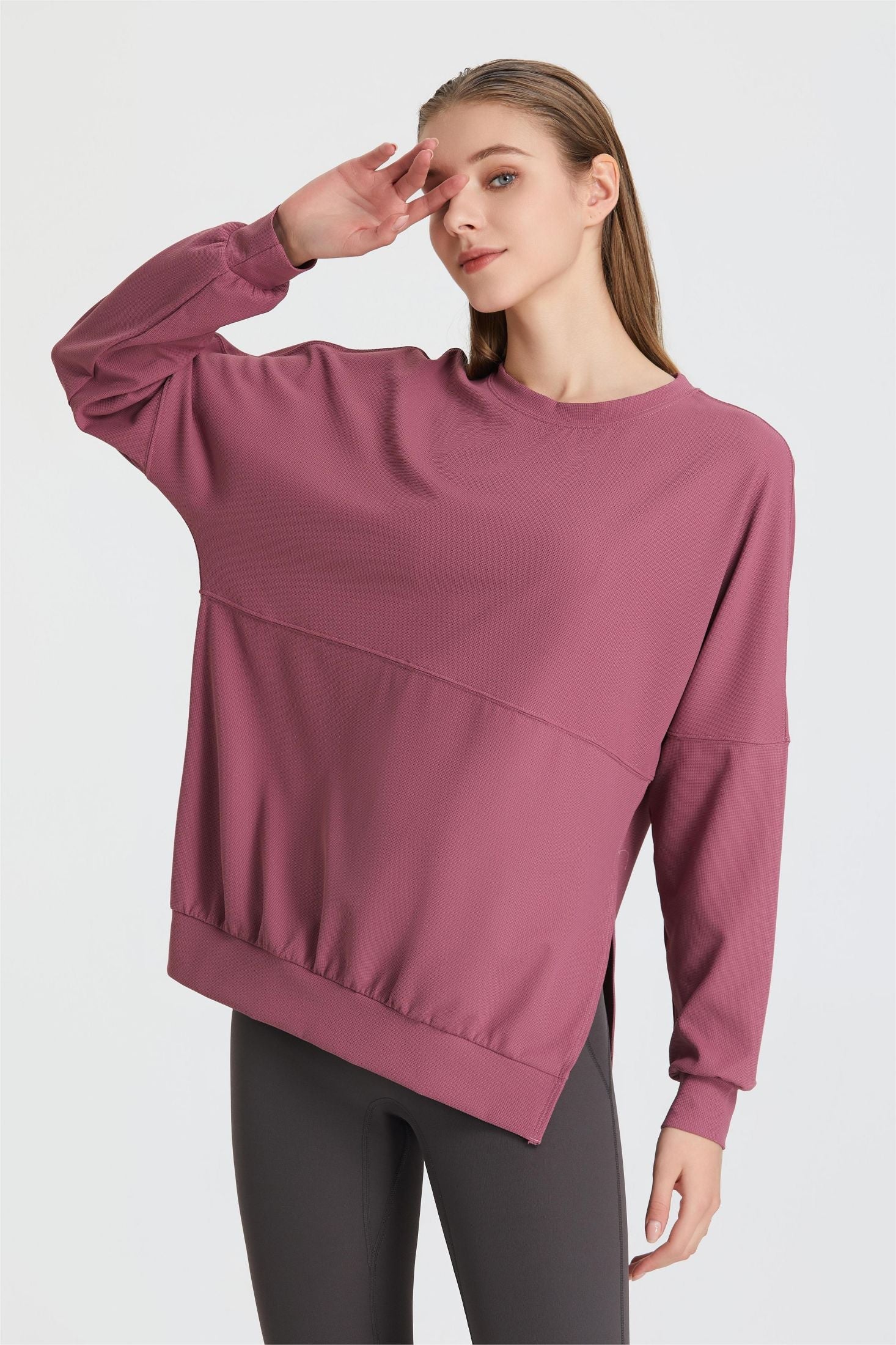 Waffle Knit Long Sleeve Sweatshirt - Adds Texture and Interest