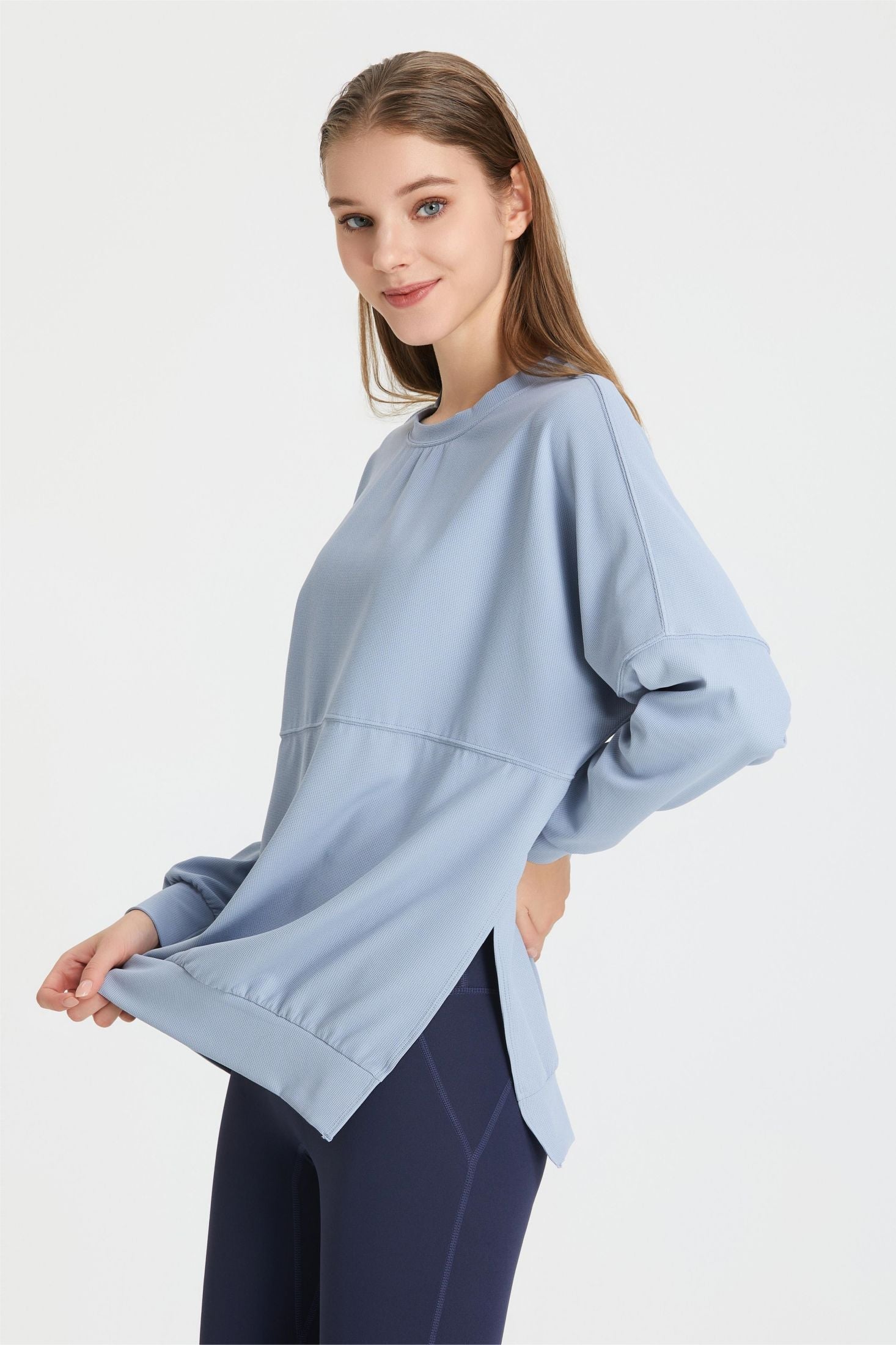 Waffle Knit Long Sleeve Sweatshirt - Adds Texture and Interest