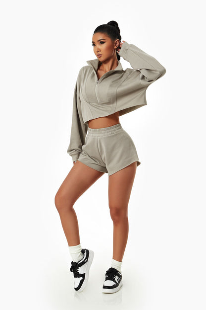 Activewear Set with Cropped Sweatshirt &amp; Mini Short – Stylish &amp; Comfy