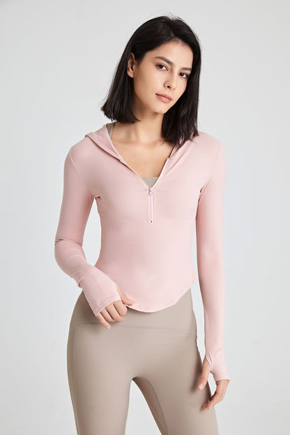 Fitted Half-Zip Crop Hoodie with Thumb Holes | Trendy &amp; Comfortable