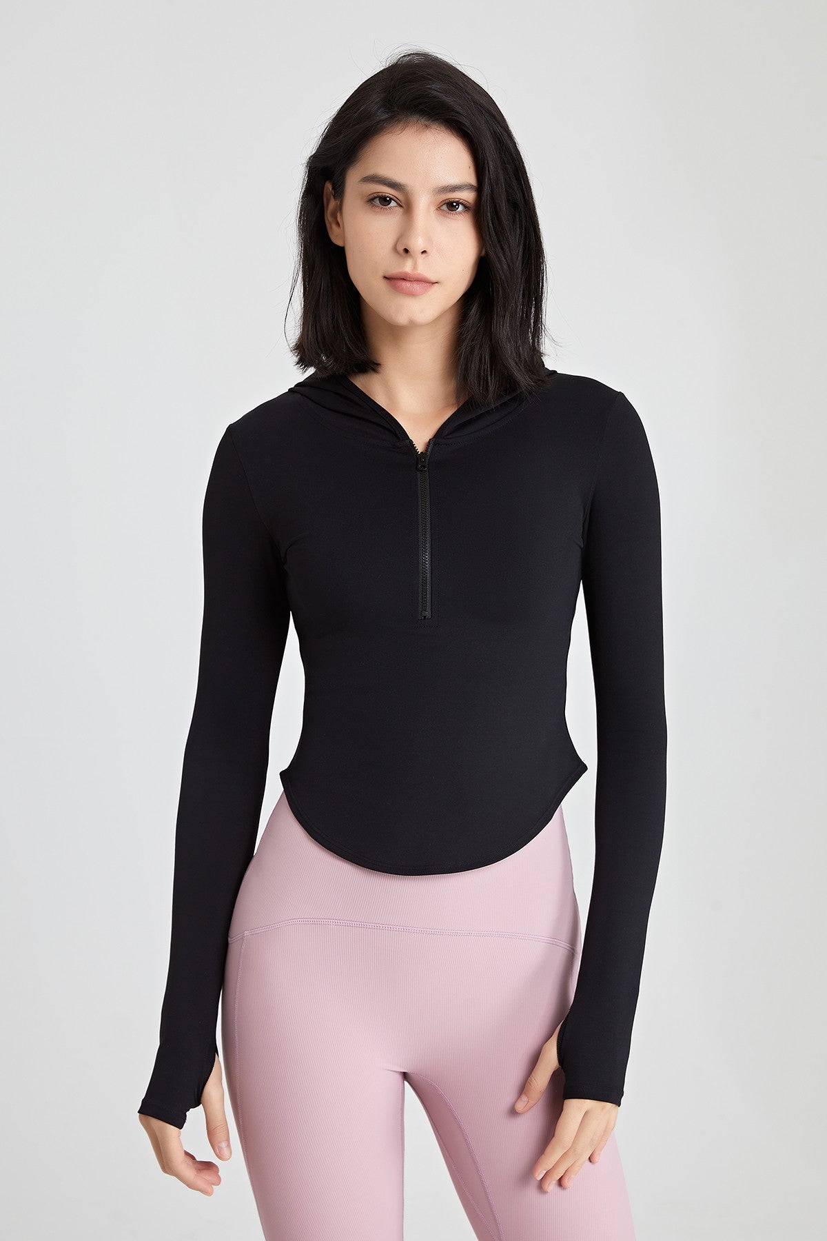 Fitted Half-Zip Crop Hoodie with Thumb Holes | Trendy &amp; Comfortable