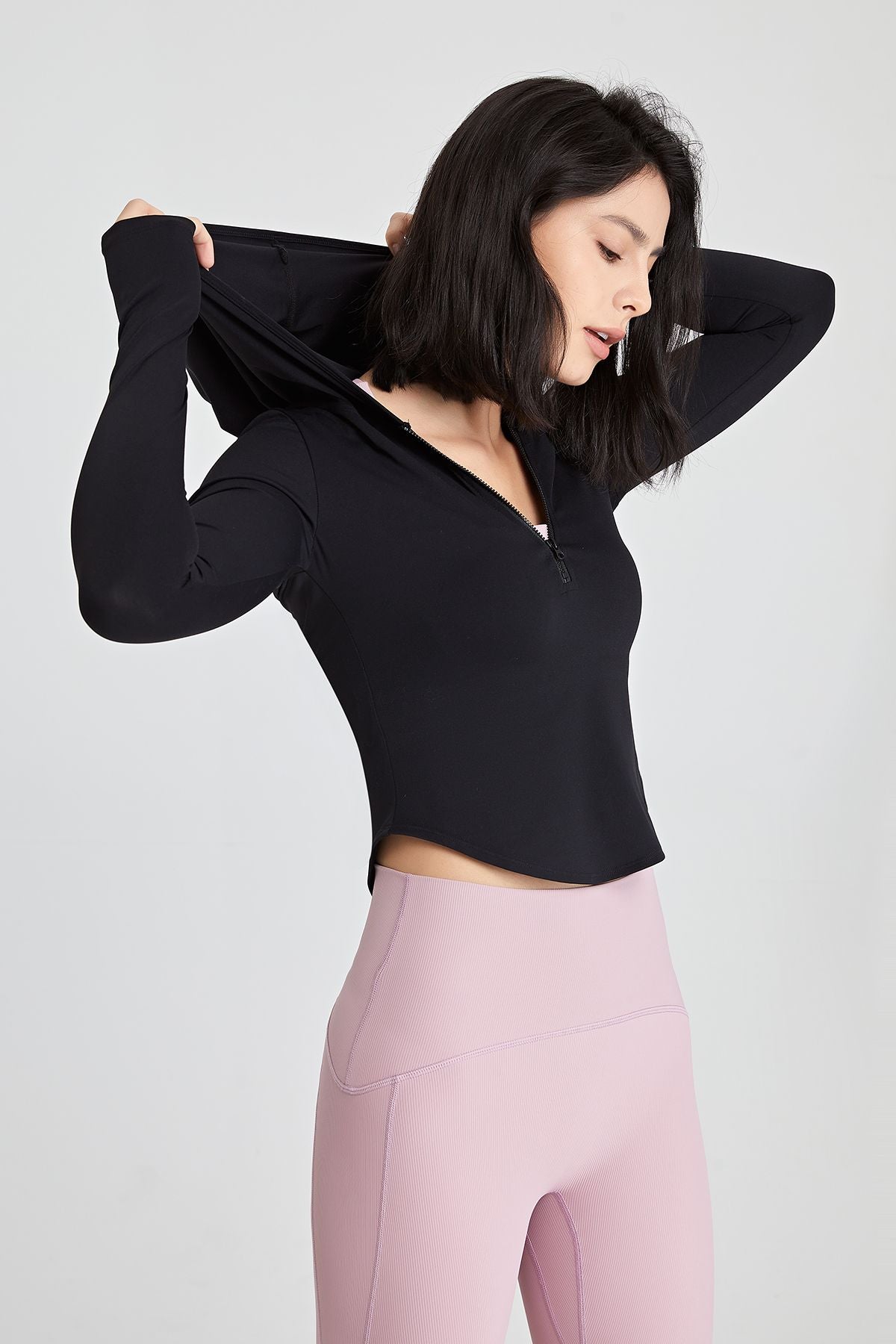 Fitted Half-Zip Crop Hoodie with Thumb Holes | Trendy &amp; Comfortable