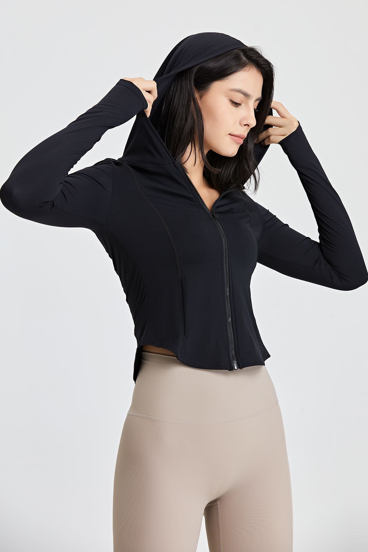 Fitted Full-Zip Crop Hoodie with Thumb Holes | Stylish &amp; Comfortable