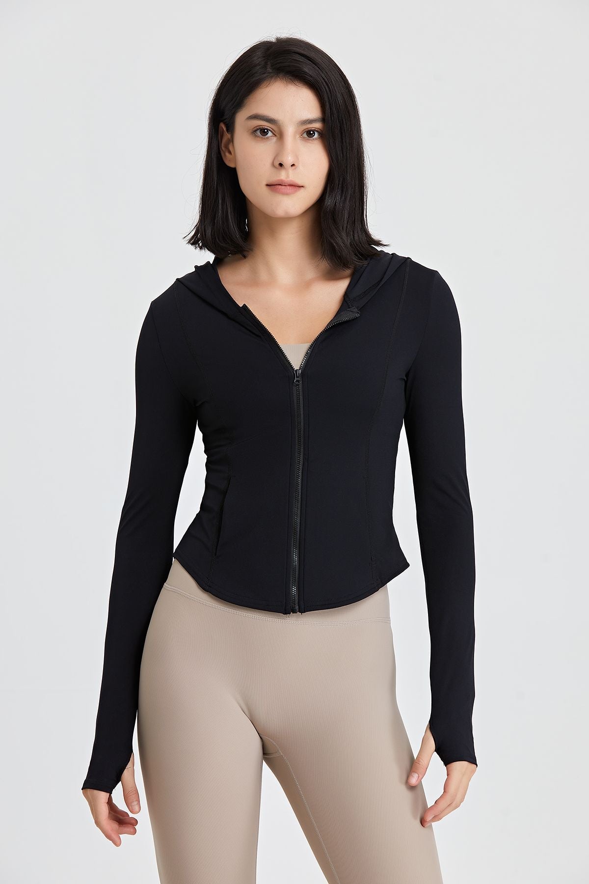 Fitted Full-Zip Crop Hoodie with Thumb Holes | Stylish &amp; Comfortable