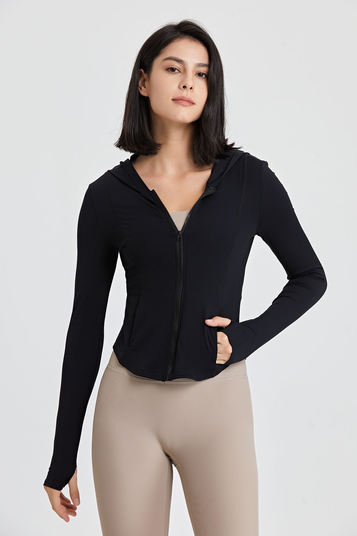 Fitted Full-Zip Crop Hoodie with Thumb Holes | Stylish &amp; Comfortable