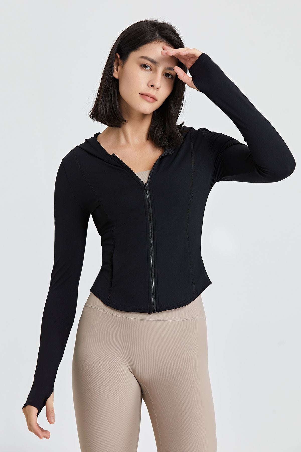 Fitted Full-Zip Crop Hoodie with Thumb Holes | Stylish &amp; Comfortable