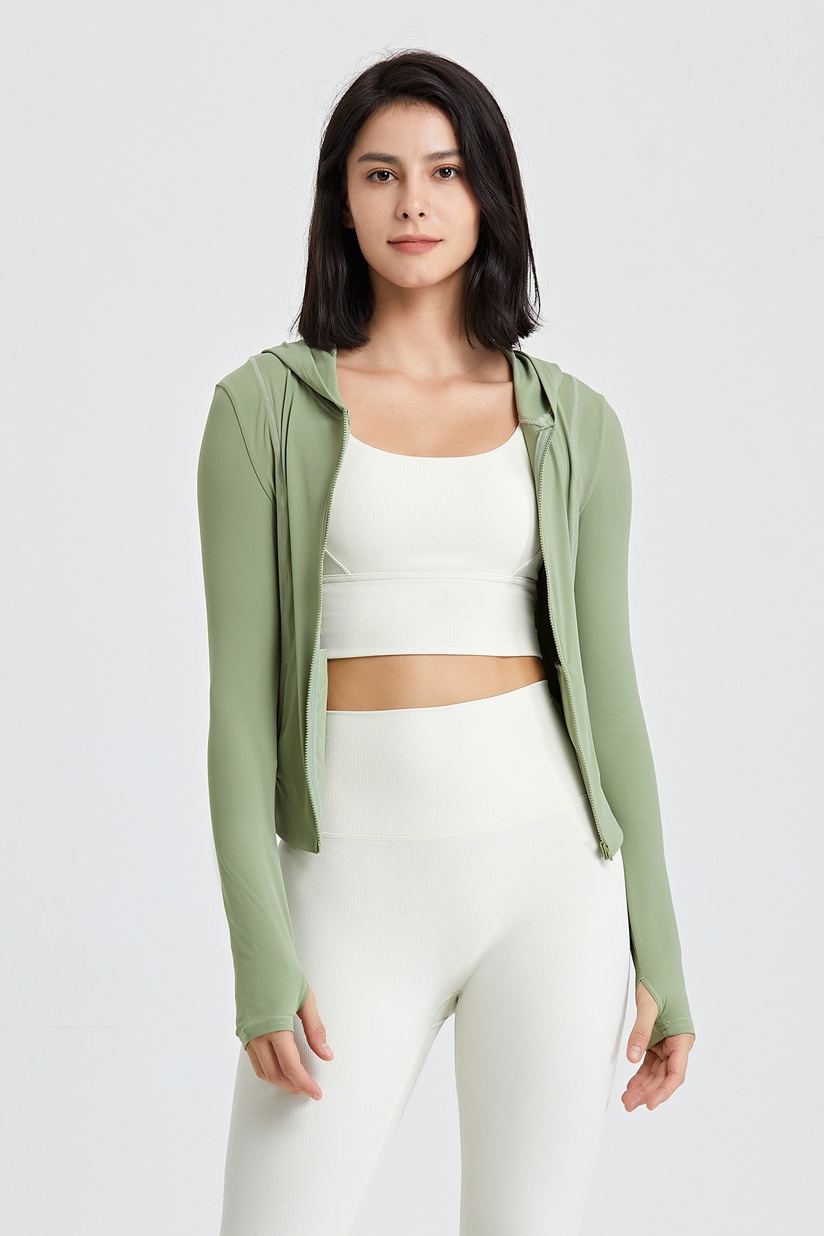 Fitted Full-Zip Crop Hoodie with Thumb Holes | Stylish &amp; Comfortable