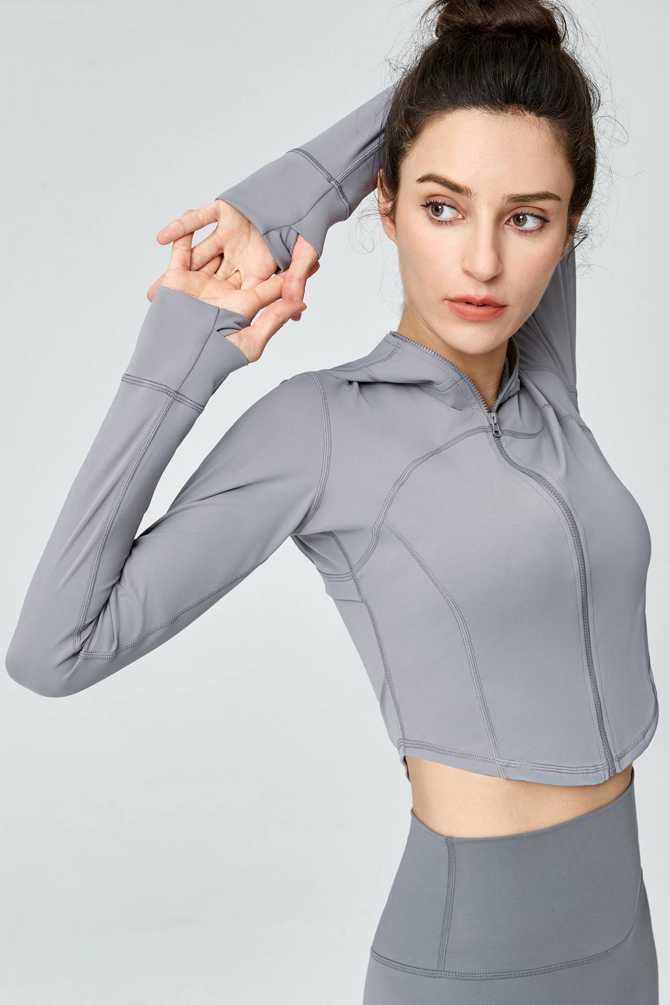 Full-Zip Crop Hoodie With Thumb Holes