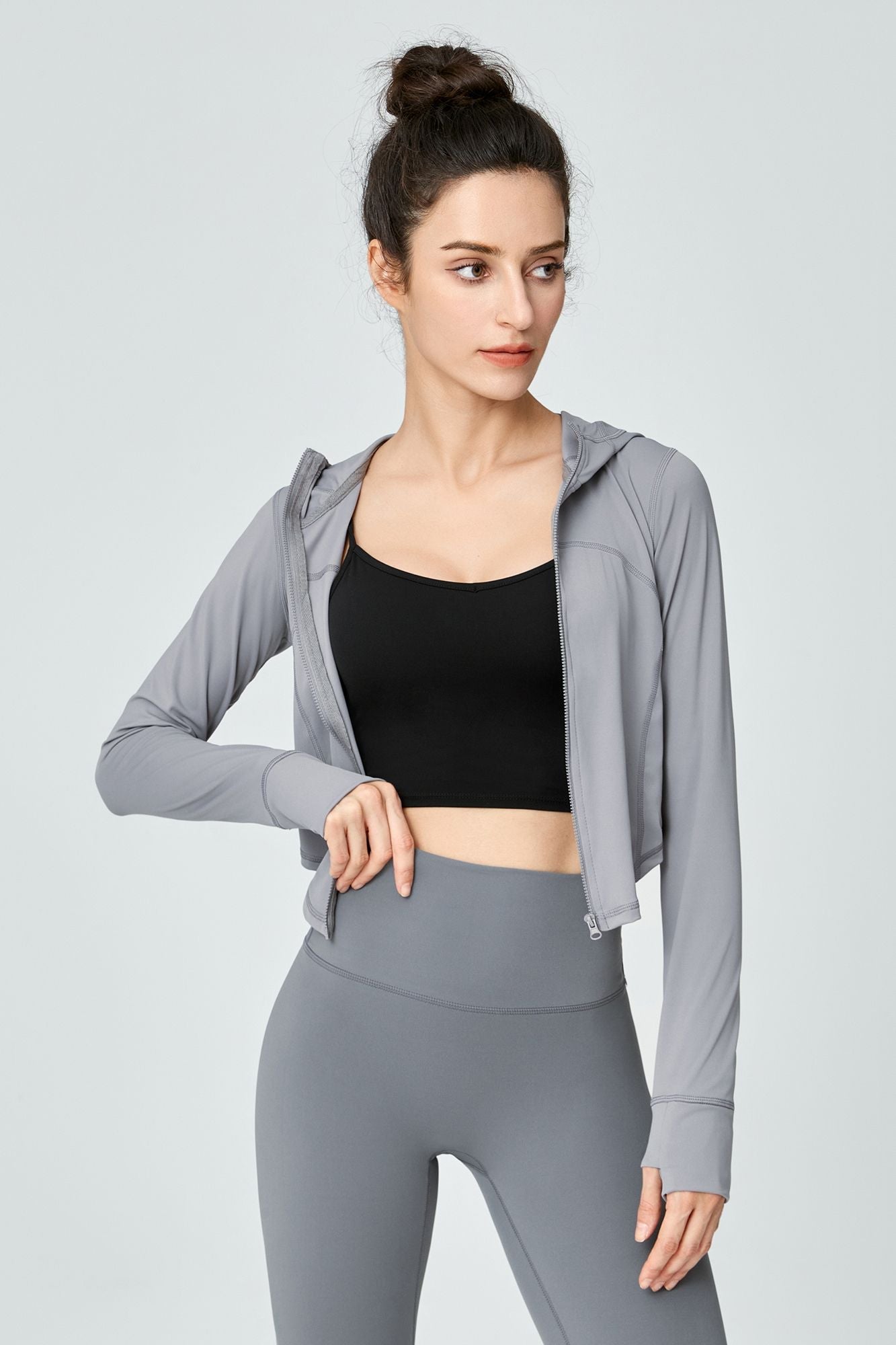 Full-Zip Crop Hoodie With Thumb Holes