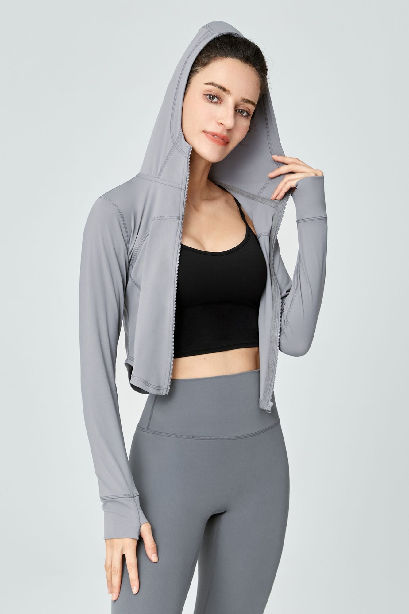 Full-Zip Crop Hoodie With Thumb Holes