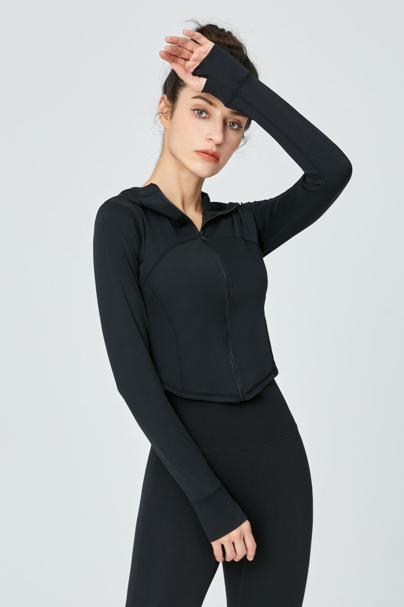 Full-Zip Crop Hoodie With Thumb Holes